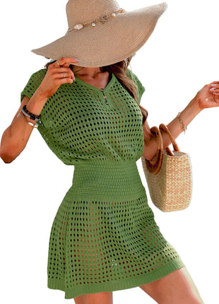 Women’s sheer crochet knit beach cover-up mini dress with V-neck, drawstring waist and side slit Green BLNDL