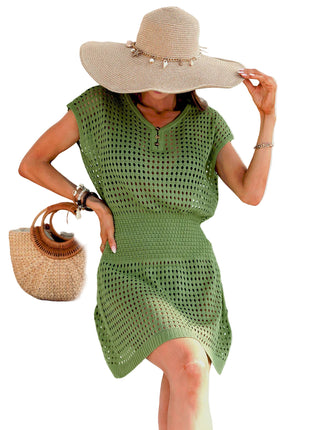 Women’s sheer crochet knit beach cover-up mini dress with V-neck, drawstring waist and side slit Green BLNDL