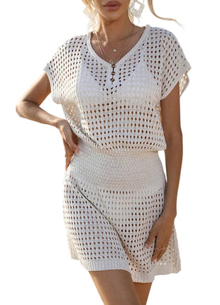 Women’s sheer crochet knit beach cover-up mini dress with V-neck, drawstring waist and side slit White BLNDL