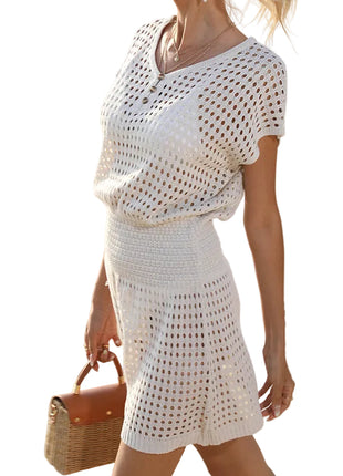 Women’s sheer crochet knit beach cover-up mini dress with V-neck, drawstring waist and side slit White BLNDL
