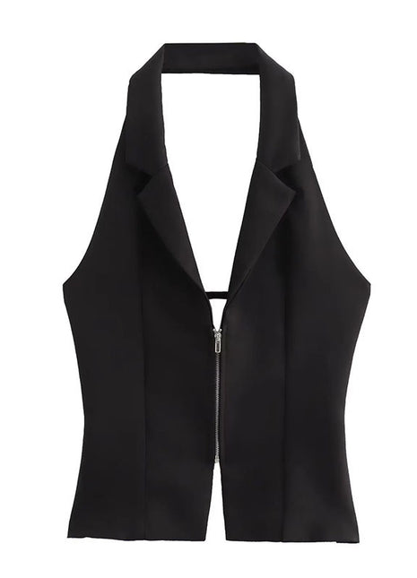 Women's slim-fit black halter top featuring a hanging collar, zipper closure, and stylish backless design.