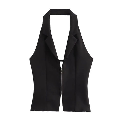 Women's slim-fit black halter top featuring a hanging collar, zipper closure, and stylish backless design.