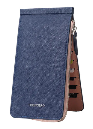 Women's slim PVC wallet organizer featuring zipper pocket and phone storage design.