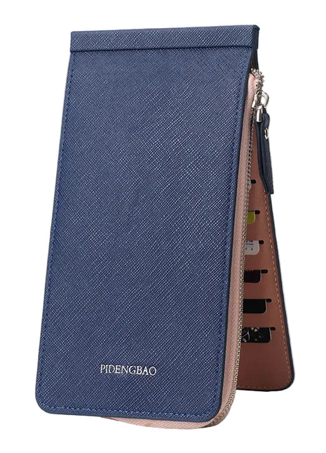 Women's slim PVC wallet organizer featuring zipper pocket and phone storage design.