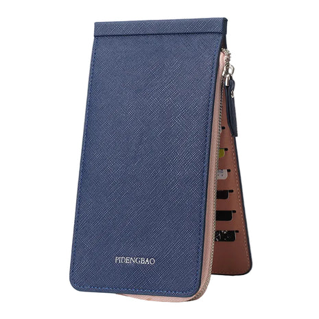 Women's slim PVC wallet organizer featuring zipper pocket and phone storage design.