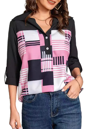 Women's stylish geometric blouse with button details and three-quarter sleeves, perfect for commuting and smart-casual occasions.