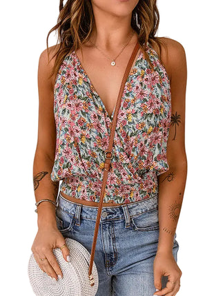 Women's summer bohemian backless sling top featuring a colorful floral print and slim-fit silhouette.