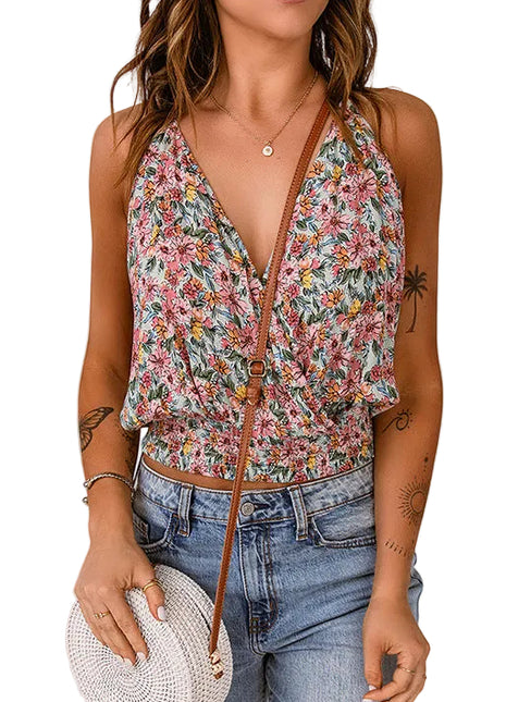 Women's summer bohemian backless sling top featuring a colorful floral print and slim-fit silhouette.