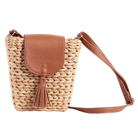 Women's trapezoid shoulder handbag featuring woven detailing, polyester lining, and a stylish single shoulder strap for everyday wear.