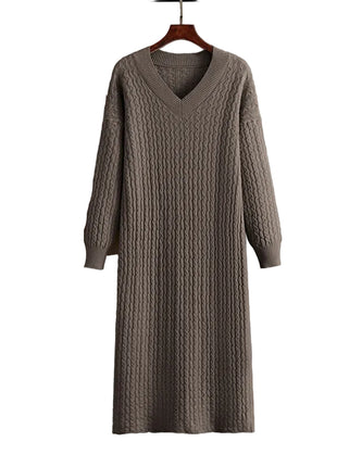 Women's V-neck knitted long sweater dress with back slit

Long straight knitted dress with elegant V-neckline

Women's viscose knit sweater dress in black

Oatmeal V-neck long sweater dress for smart-casual styling

Women's knitted dress in apricot with back slit detail

Purple long sweater dress for elegant everyday outfits

Cameo brown women's knit dress for commute wear