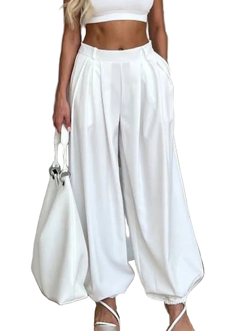 Women's white high-waisted balloon jogger pants

White loose-fitting balloon trousers for women

Women's full-length white casual jogger pants

High-waisted white balloon-leg trousers with relaxed fit

Women's lightweight white polyester casual pants

White balloon joggers styled for modern streetwear

Women's loose-fit high-waisted trousers available in sizes S to L