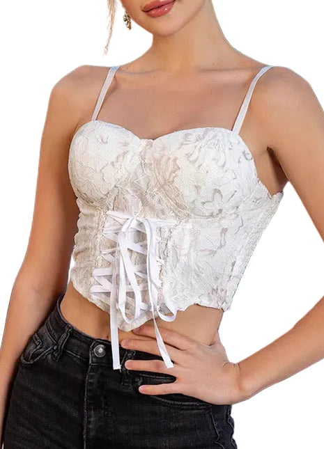 Women's white lace camisole featuring a cross lace-up front, built-in chest pads, and a backless design.