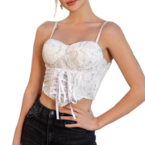 Women's white lace camisole featuring a cross lace-up front, built-in chest pads, and a backless design.