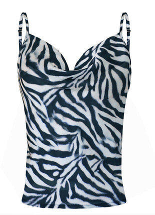 Women's zebbra patterned tank top designed with soft polyester fabric for comfort, travel, and warm-weather wear.