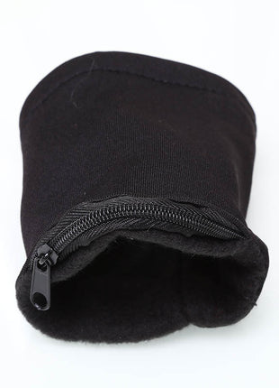 Black fleece pouch with a zipper on a white background