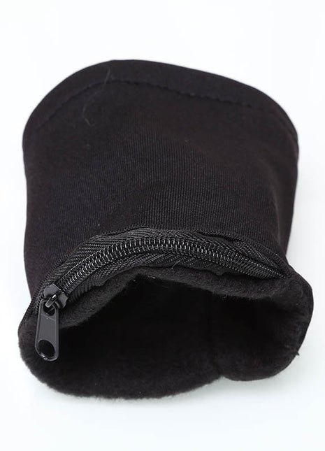 Black fleece pouch with a zipper on a white background