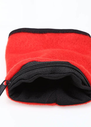 Red pouch with black zipper on a white background