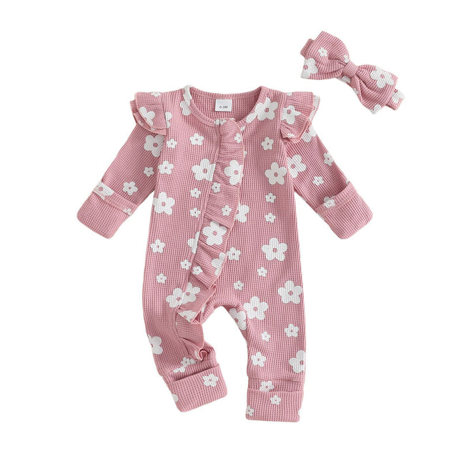 Baby Girls Cotton Floral Jumpsuit with Zipper & Headband - 0-18 Months