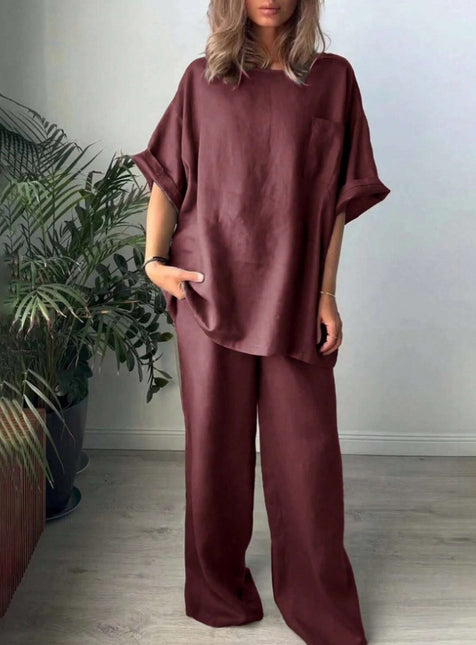 Casual Crew Neck Short Sleeve Top And Long Pants 2pcs Set