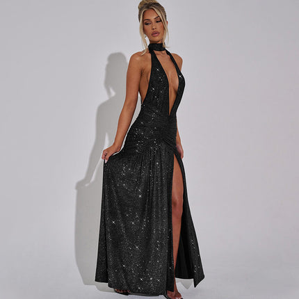 V-neck Halter Backless Bright Silk Dress