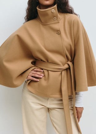 Winter High Neck Batwing Sleeve Coat with Belt