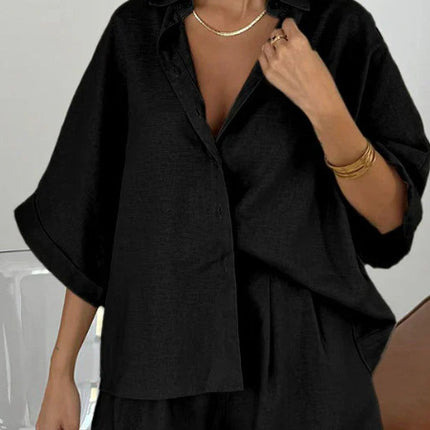 Polo Collar Half Sleeve Top and Shorts Two-piece Set