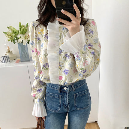Romantic Turtleneck Patchwork Ruffled Flare Sleeve Shirt