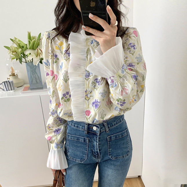 Romantic Turtleneck Patchwork Ruffled Flare Sleeve Shirt