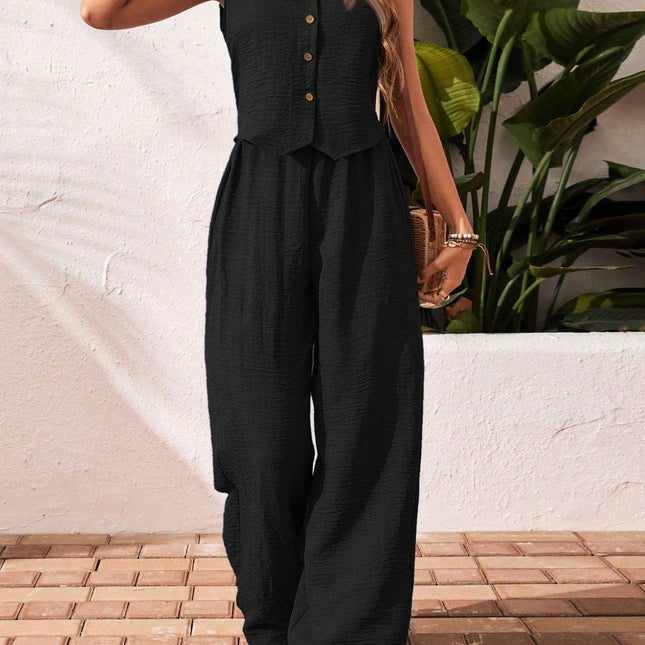 Front Button Sleeveless Blouse And Long Pants Casual Suit Set