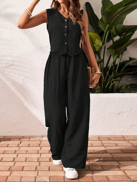 Conjunto informal de blusa sin mangas con botones delanteros y pantalón largo