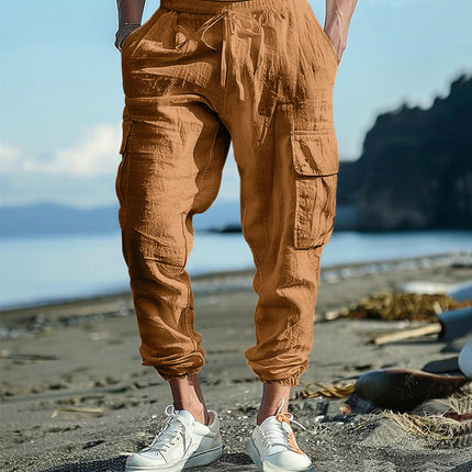 Casual Trousers Ankle-tied Multi-pocket Tether Solid Color Loose