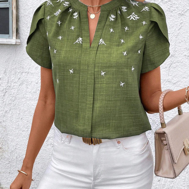 Half-open Collar Short Sleeve Shoulder Creasing Blouse