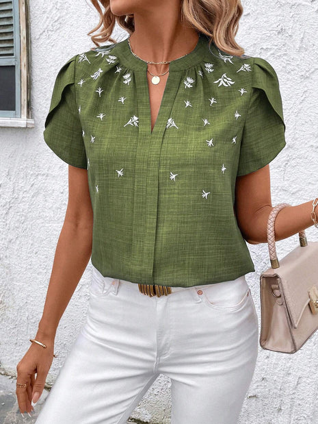 Half-open Collar Short Sleeve Shoulder Creasing Blouse