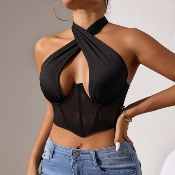 Top Stitching Mesh See-through Cross-halterneck Fishbone