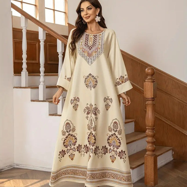 Elegant Floral Printed Middle Eastern Long Dress