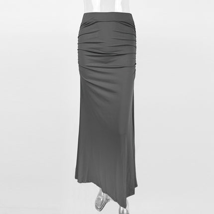 Stretch Silk Slim Hip Pleated Wide Hem Long Skirt