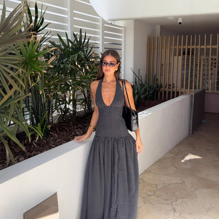 Halter Lace-Up Polka Dot Deep V Retro Slim Dress