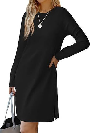 Round Neck Slit Hemline Sweater Long Sleeve Dress