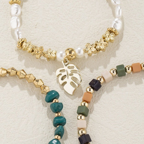 Juego de pulsera con colgante de hoja de perla y piedra vintage – Joyería para mujer
