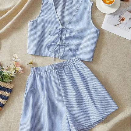 Elegant Striped Knit Tank Top And High-Waist Loose Shorts Set