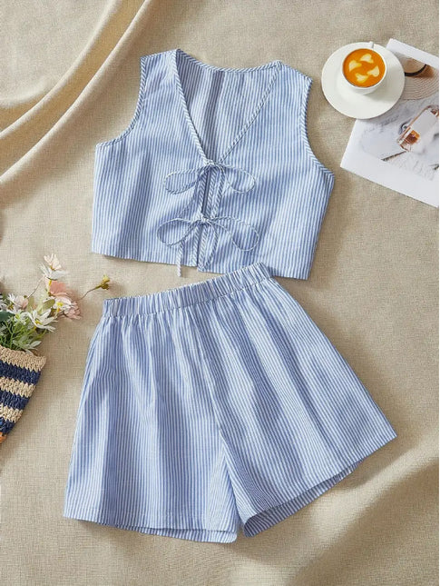 Elegant Striped Knit Tank Top And High-Waist Loose Shorts Set