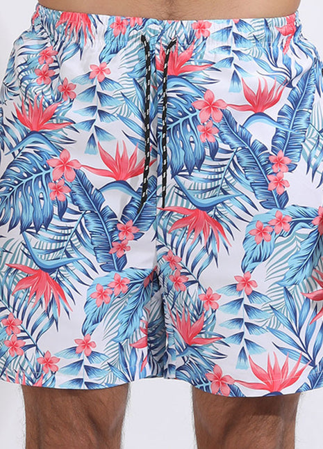 Pantalones Cortos de Playa con Flores y Plantas Blancas