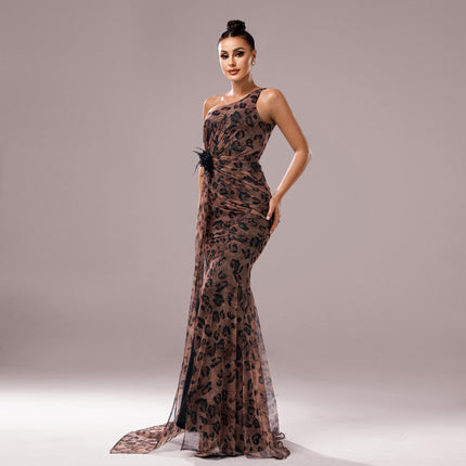 One-Shoulder Leopard Sequined Evening Dress