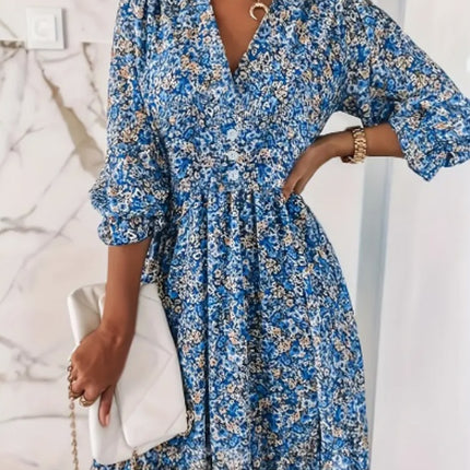 V-Neck Floral Short Sleeve Bubble A-Line Dress