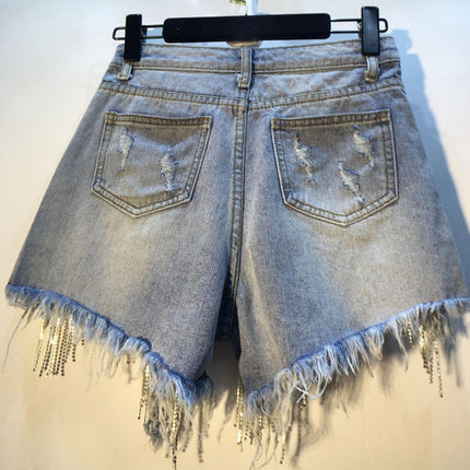 Fringed Chain Jeans High Waist Slim Beading Tide Shorts