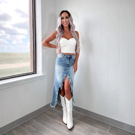 Denim High Waist Irregular Washed-out Skirt