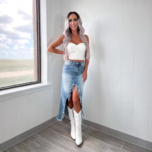 Denim High Waist Irregular Washed-out Skirt