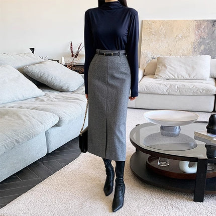 Gray Autumn and Winter Thickened High Waist Mid-Length Sheath Skirt