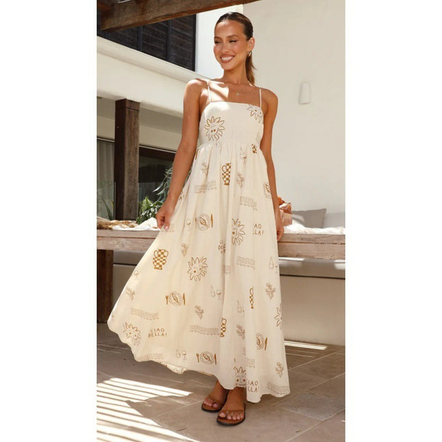 Printed Coffee Back Cutout Sling Dress