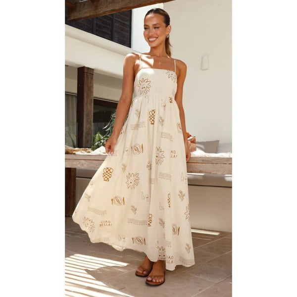 Printed Coffee Back Cutout Sling Dress